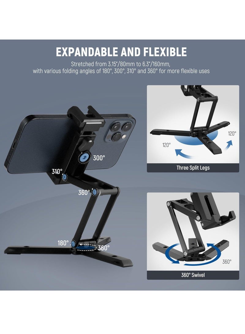 Universal Metal Phone Tripod Mount with Cold Shoes, 360 Rotating Adjustable Clip Holder, Multi-Angle Tri-Fold Cell Phone Holder, Desktop Tripod and Handheld Grip for Streaming Vlog  - Image 2