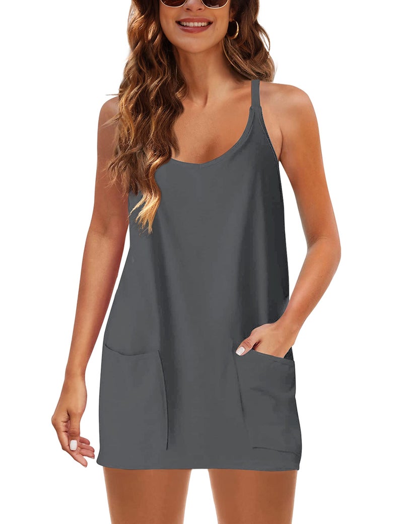 Lentta Womens Athletic Sleeveless Mini Dress with Built-in Shorts V Neck Spaghetti Strap Sundress(Darkgrey-XS) - Image 3