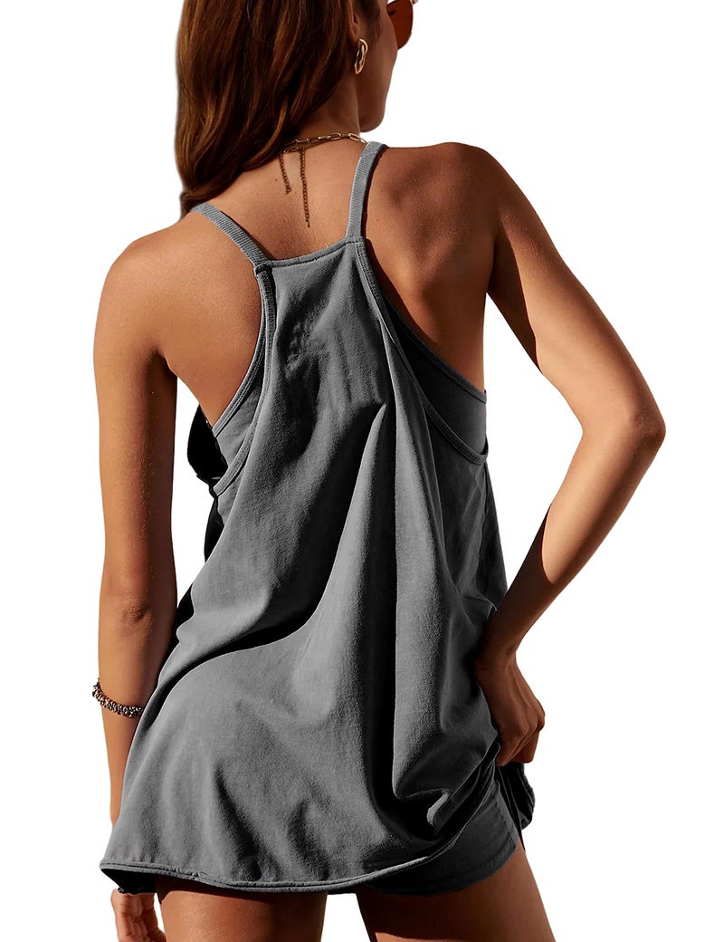 Lentta Womens Athletic Sleeveless Mini Dress with Built-in Shorts V Neck Spaghetti Strap Sundress(Darkgrey-XS) - Image 2