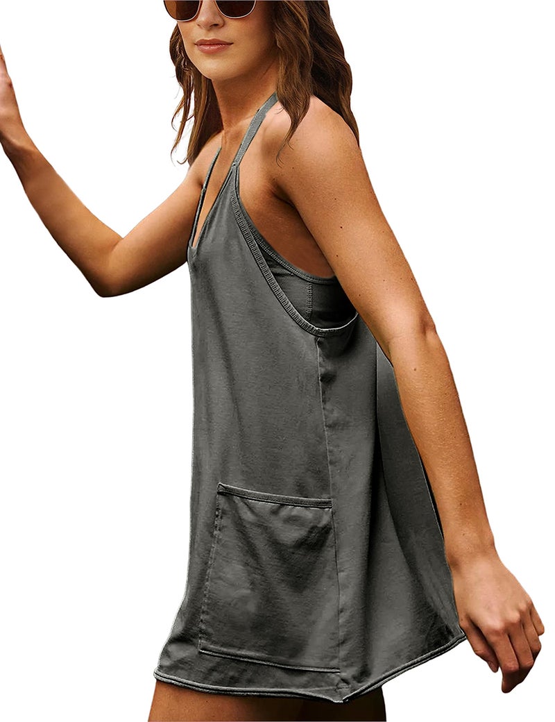 Lentta Womens Athletic Sleeveless Mini Dress with Built-in Shorts V Neck Spaghetti Strap Sundress(Darkgrey-XS) - Image 4