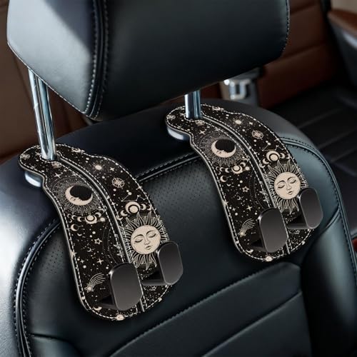 Blusabaca 2PCS Car Seat Back Storage Headrest Hooks, Sun and Moon Purse Holder Bags Hanger, PU Leather Double Metal Hook for Backseat Organizer, Women Car Accessories Organization - Image 1