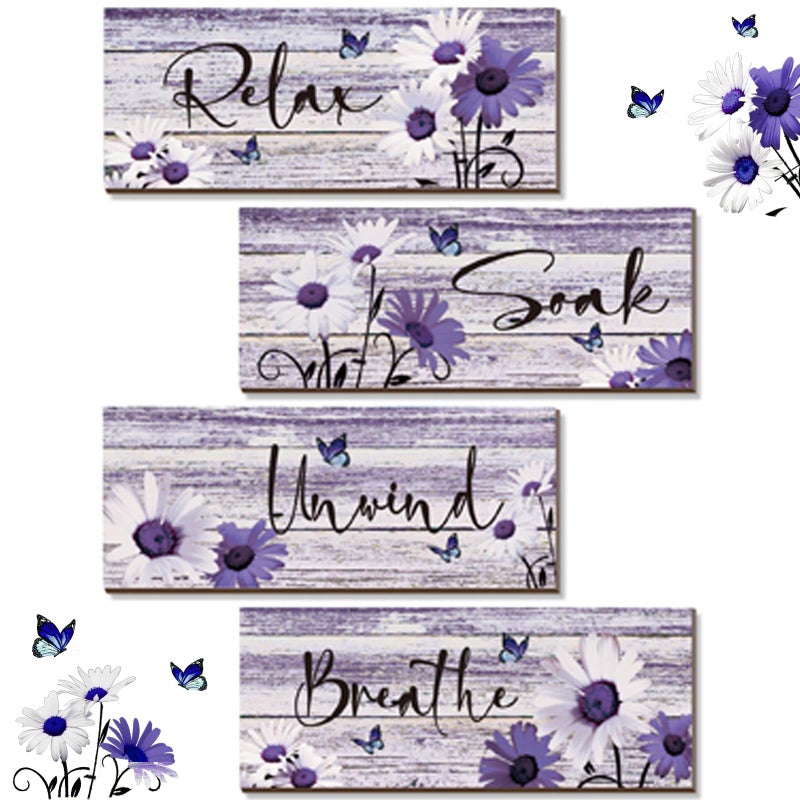 ZINYAZHE 4 Pcs Farmhouse Bathroom Wall Decor - Purple Daisy Floral Flowers and Butterfly Wall Art - Relax Soak Unwind Breathe Rustic Wood Plaque for Home Spa Laundry (10 x 4 Inch) - Image 1