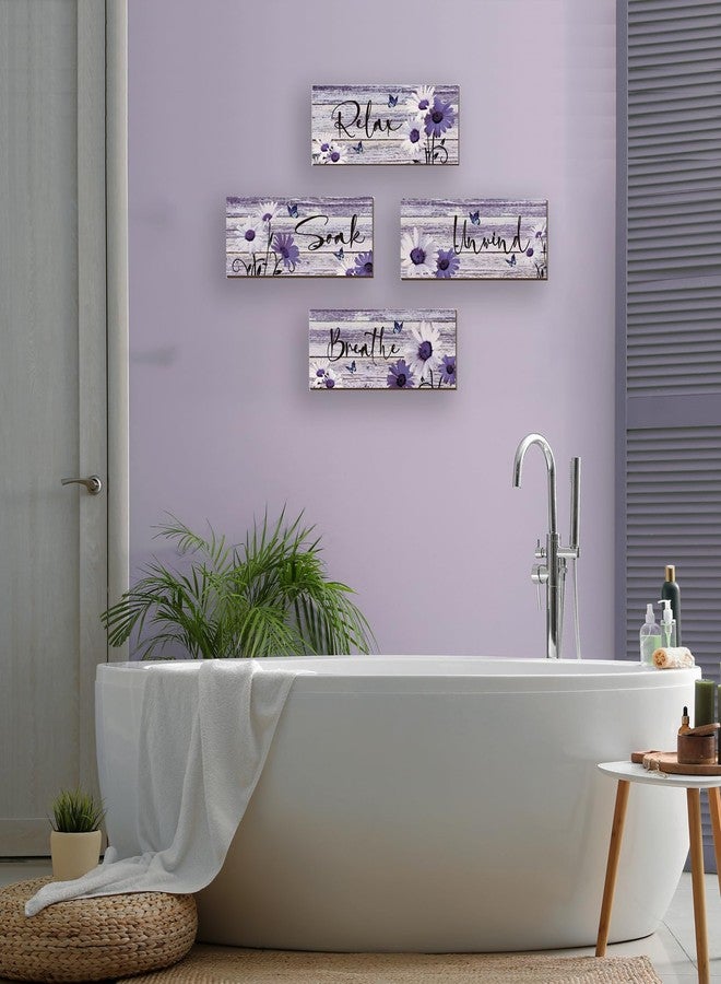 ZINYAZHE 4 Pcs Farmhouse Bathroom Wall Decor - Purple Daisy Floral Flowers and Butterfly Wall Art - Relax Soak Unwind Breathe Rustic Wood Plaque for Home Spa Laundry (10 x 4 Inch) - Image 3