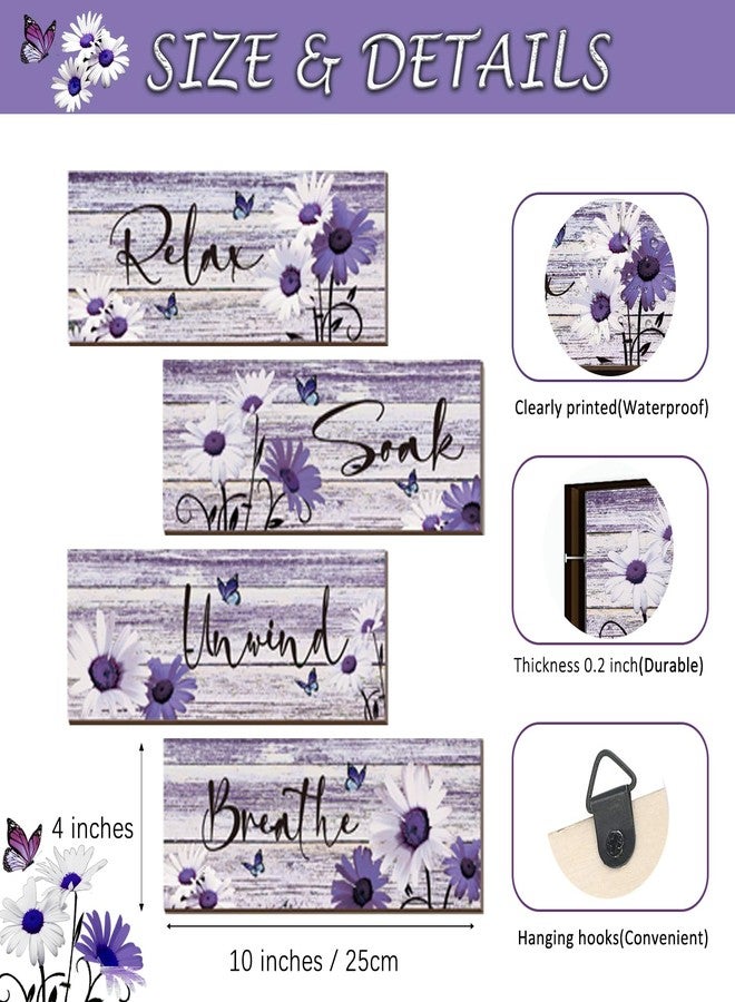ZINYAZHE 4 Pcs Farmhouse Bathroom Wall Decor - Purple Daisy Floral Flowers and Butterfly Wall Art - Relax Soak Unwind Breathe Rustic Wood Plaque for Home Spa Laundry (10 x 4 Inch) - Image 4