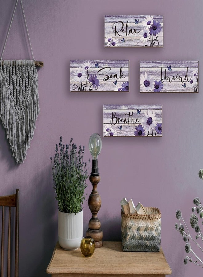 ZINYAZHE 4 Pcs Farmhouse Bathroom Wall Decor - Purple Daisy Floral Flowers and Butterfly Wall Art - Relax Soak Unwind Breathe Rustic Wood Plaque for Home Spa Laundry (10 x 4 Inch) - Image 2