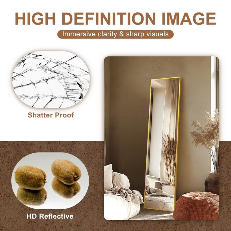 Delma Full Length Mirror,Large Floor Mirror with Aluminum Frame for Bedroom, Bathroom, Living Room,Wall Mount or Freestanding Design(with Stand,Rect 56x15-Gold) - Image 5