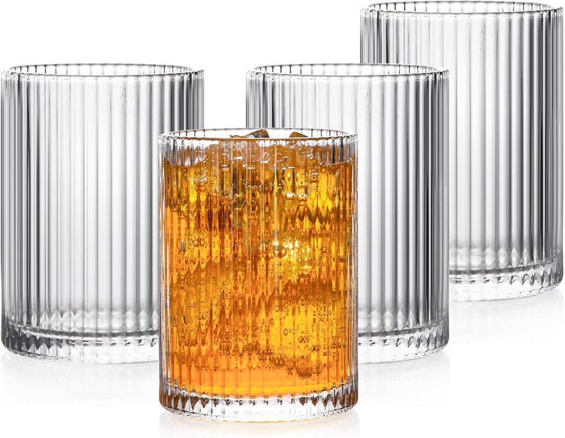 POLIDREAM Ribbed Glasses Set of 4 Drinking Glasses 300ml Vintage Origami Style Glassware Embossed Glass Tumblers, Art Deco Drinking Glass for Juice, Water, Iced Coffee - Image 1