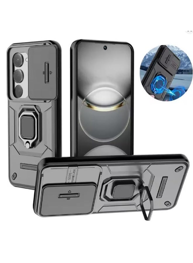 for Redmi 15 Case with Slide Camera Cover, Shockproof Heavy Duty Case with Magnetic Ring Kickstand - Black - Image 1