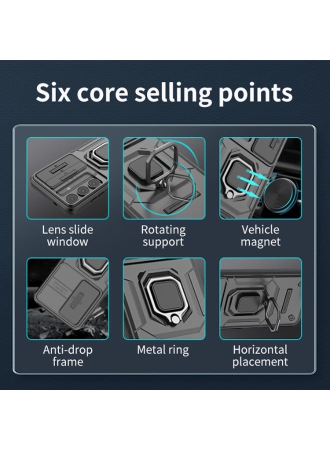 for Redmi 15 Case with Slide Camera Cover, Shockproof Heavy Duty Case with Magnetic Ring Kickstand - Black - Image 2