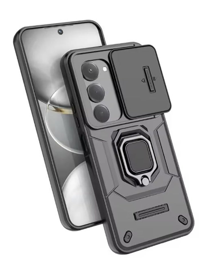 for Redmi 15 Case with Slide Camera Cover, Shockproof Heavy Duty Case with Magnetic Ring Kickstand - Black - Image 3