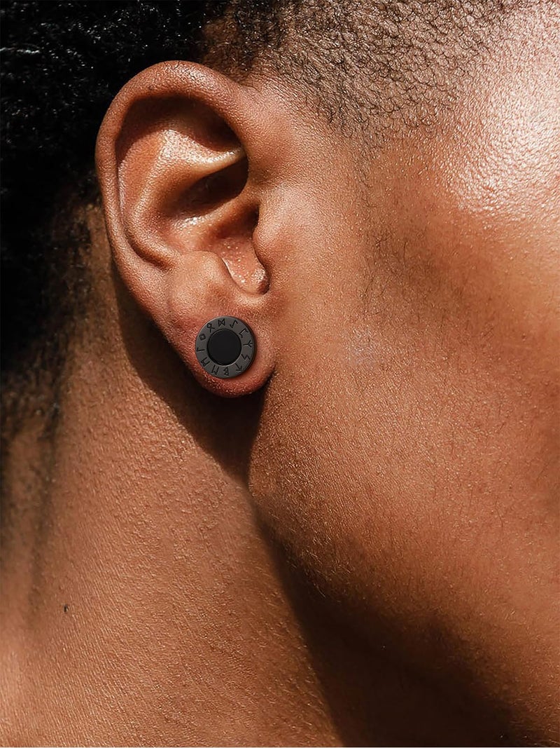 U7 Jewelry Mens Earrings with Viking Rune Sterling Silver Black Metal Plated Personalized Rock Stud Male Earrings Hypoallergenic - Image 2