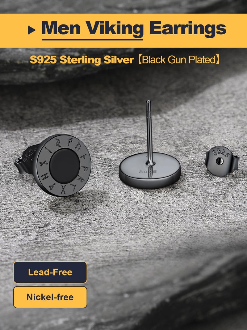 U7 Jewelry Mens Earrings with Viking Rune Sterling Silver Black Metal Plated Personalized Rock Stud Male Earrings Hypoallergenic - Image 5