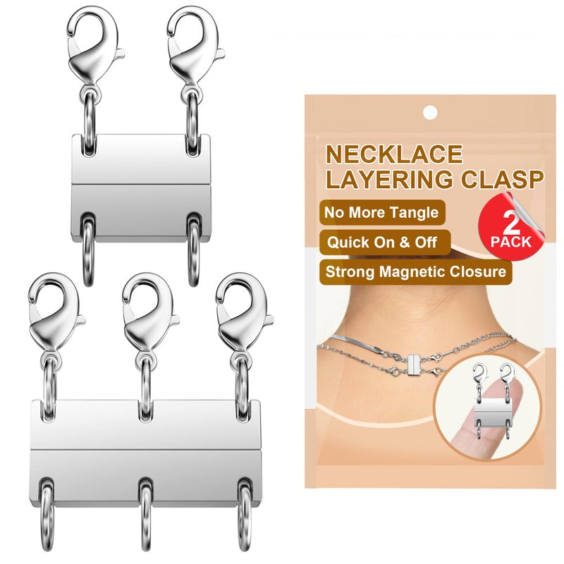 Bonison Necklace Layering Clasp, Silver Plated Magnetic Necklace Separator & Extender, Double & Triple Chain Closure for Layered Necklaces, 2-Pack (Silver) - Image 1