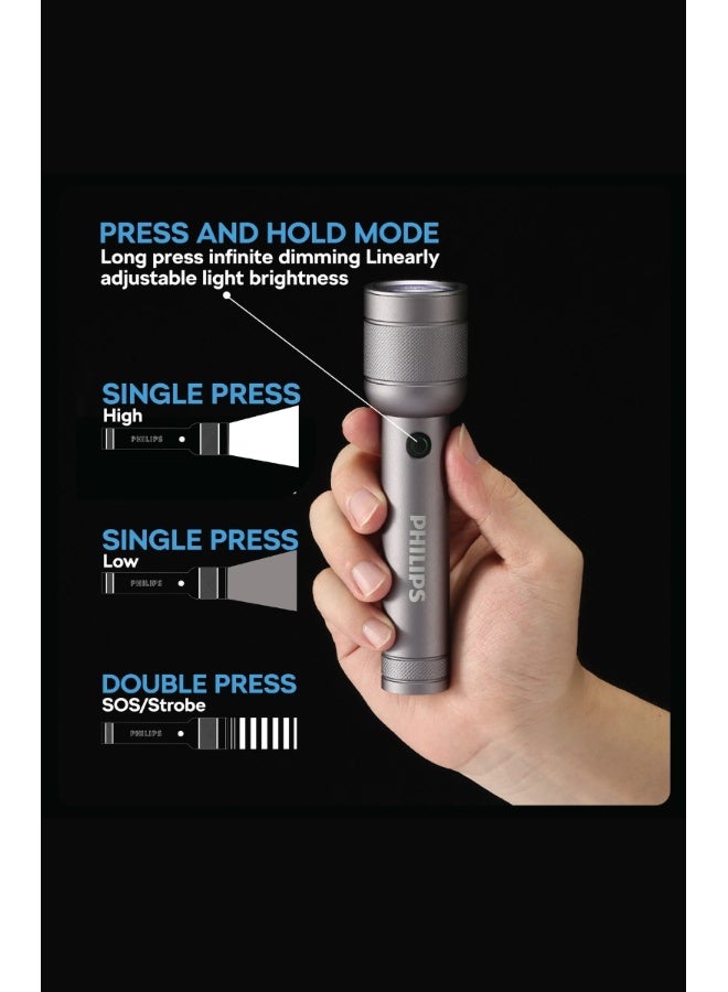 Philips Rechargeable LED Flashlight 1500 Lumens | 400m Long Range Torch | USB‑C Fast Charging | 3500mAh Battery | IP55 Waterproof | Stepless Dimming | Strobe & SOS Modes | Aluminum Alloy Tactical Torch SFL6166R grey - Image 5