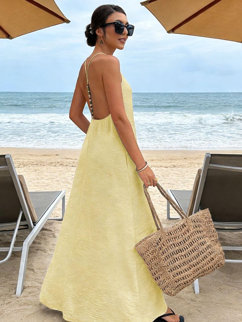 Verdusa Women's Backless Cami Dresses Linen Maxi Dress Open Back Vacation Boho Summer Outfits Pale Yellow X-Small - Image 4