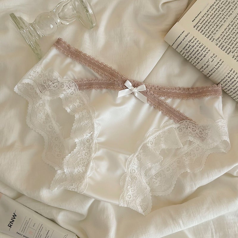 Pure Desire Hollow Lace Underwear Girl'S Waist Bag Hip Light Oxygen Satin Color Spelling Belt Cotton Crotch Briefs - Image 1