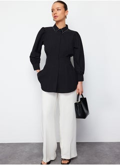 trendyol Black Waist Fitted Pearl Detail Woven Shirt TCTAW24TG00027  - Image 1