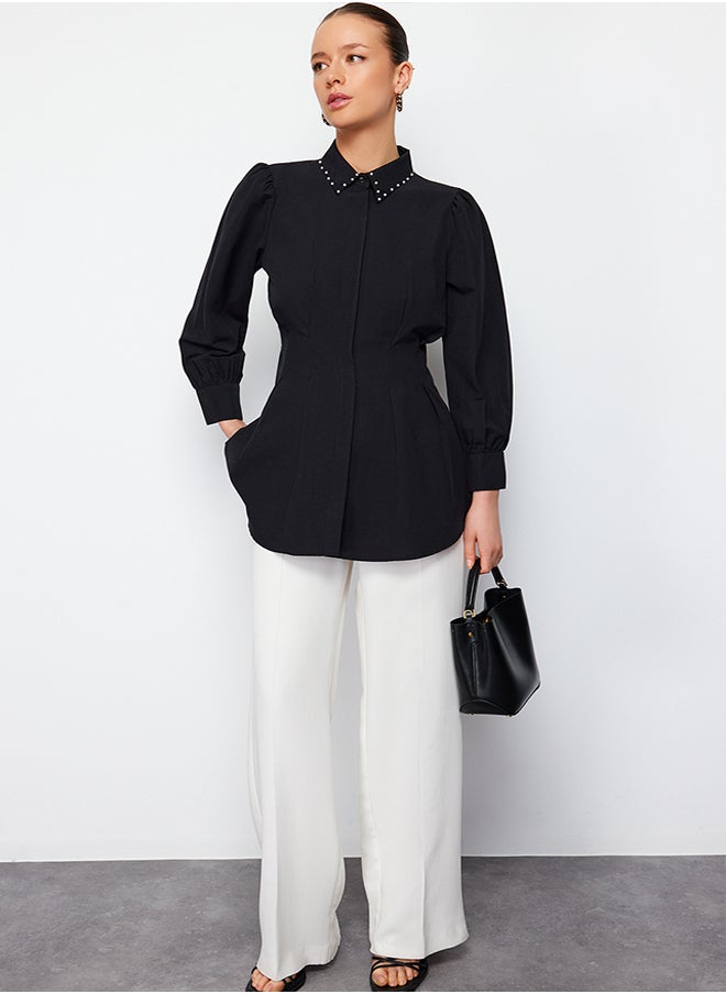 trendyol Black Waist Fitted Pearl Detail Woven Shirt TCTAW24TG00027  - Image 1