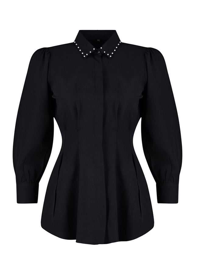 Black Waist Fitted Pearl Detail Woven Shirt TCTAW24TG00027