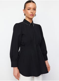 trendyol Black Waist Fitted Pearl Detail Woven Shirt TCTAW24TG00027  - Image 3