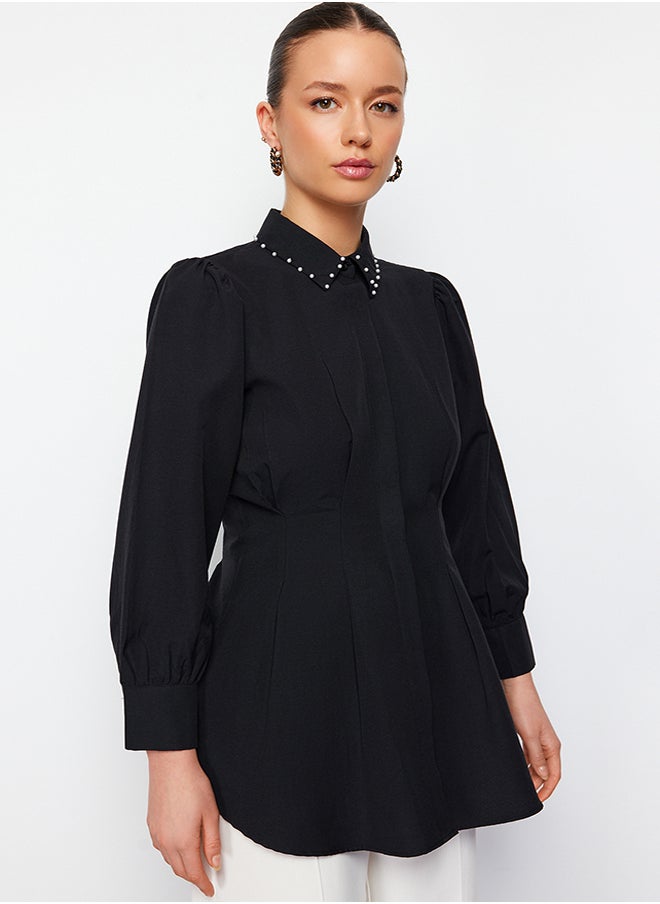 trendyol Black Waist Fitted Pearl Detail Woven Shirt TCTAW24TG00027  - Image 3