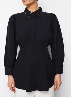 trendyol Black Waist Fitted Pearl Detail Woven Shirt TCTAW24TG00027  - Image 4