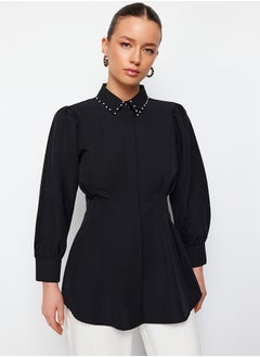trendyol Black Waist Fitted Pearl Detail Woven Shirt TCTAW24TG00027  - Image 2