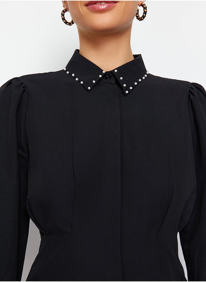 trendyol Black Waist Fitted Pearl Detail Woven Shirt TCTAW24TG00027  - Image 5