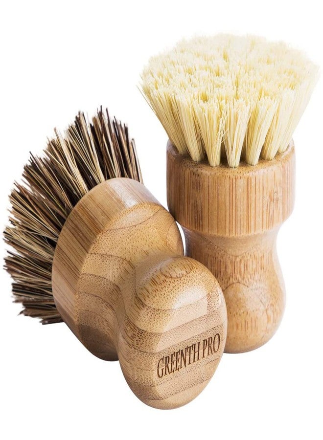GREENTH PRO Palm Pot Brush- Bamboo Round 3 Packs Mini Dish Brush Natural Scrub Brush Durable Scrubber Cleaning Kit with Union Fiber and Tampico Fiber for Cleaning Pots, Pans and Vegetables - Image 2