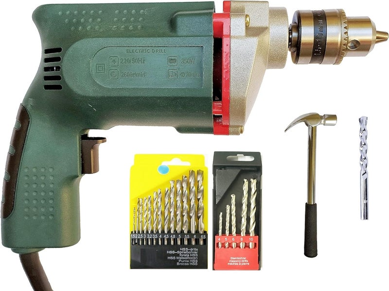 Inditrust New Heavy Duty 10mm Electric Drill Machine 350 W with 13pc hss 5pc Masonry bit 1pc Claw Hammer 1pc Masonry drill bit Pack of 5pc Power Hand Tool Kit - Image 1