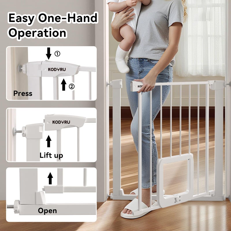 KODYRU 30 Inch Tall Dog Gate with Cat Door, Adjustable Width (29.7-45.2 Inches) for Doorways, Hallways & Stairs, Pressure-Mounted Walk-Through Dog Gate with Auto-Close & Double Lock Safetyï¼ˆWhiteï¼‰ - Image 5