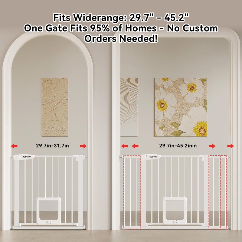 KODYRU 30 Inch Tall Dog Gate with Cat Door, Adjustable Width (29.7-45.2 Inches) for Doorways, Hallways & Stairs, Pressure-Mounted Walk-Through Dog Gate with Auto-Close & Double Lock Safetyï¼ˆWhiteï¼‰ - Image 2