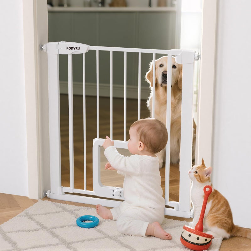 KODYRU 30 Inch Tall Dog Gate with Cat Door, Adjustable Width (29.7-45.2 Inches) for Doorways, Hallways & Stairs, Pressure-Mounted Walk-Through Dog Gate with Auto-Close & Double Lock Safetyï¼ˆWhiteï¼‰ - Image 1