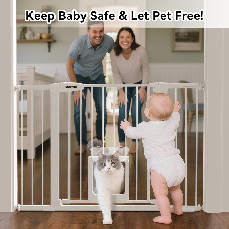 KODYRU 30 Inch Tall Dog Gate with Cat Door, Adjustable Width (29.7-45.2 Inches) for Doorways, Hallways & Stairs, Pressure-Mounted Walk-Through Dog Gate with Auto-Close & Double Lock Safetyï¼ˆWhiteï¼‰ - Image 4