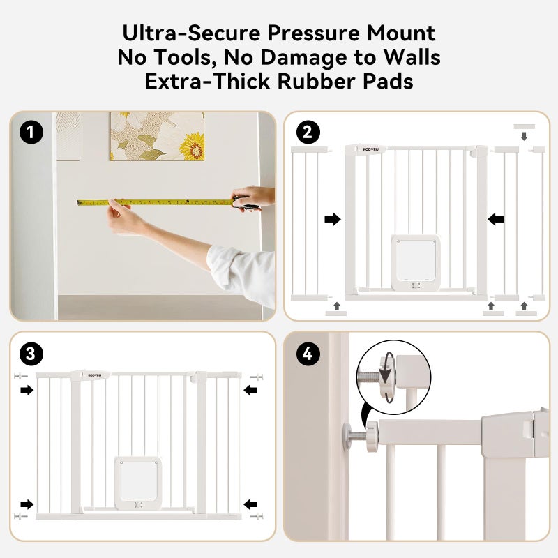 KODYRU 30 Inch Tall Dog Gate with Cat Door, Adjustable Width (29.7-45.2 Inches) for Doorways, Hallways & Stairs, Pressure-Mounted Walk-Through Dog Gate with Auto-Close & Double Lock Safetyï¼ˆWhiteï¼‰ - Image 3