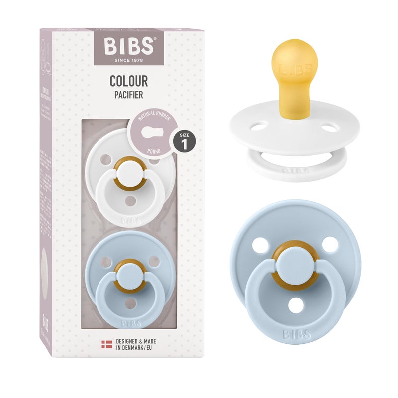BIBS Pacifiers Colour Collection | Natural Rubber Baby Pacifier | Set of 2 BPA-Free Soothers | Made in Denmark | 0+ Months (Pack of 2) | Baby Blue/White - Image 1