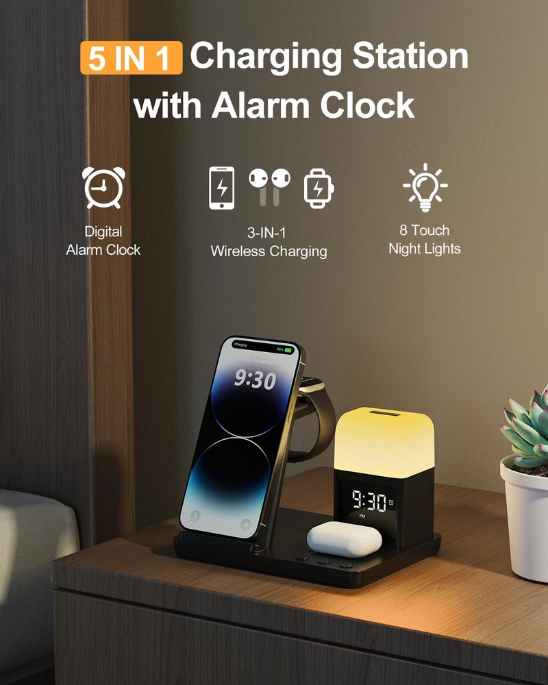Vindsbay Wireless Charging Station Alarm Clock with 8 Touch Night Lights: 5 in 1 Charger Stand for Apple Devices - Charging Dock for iPhone 17 16 15 14 13 12 Pro Max Plus/Apple Watch/AirPods, Dimmable - Image 2