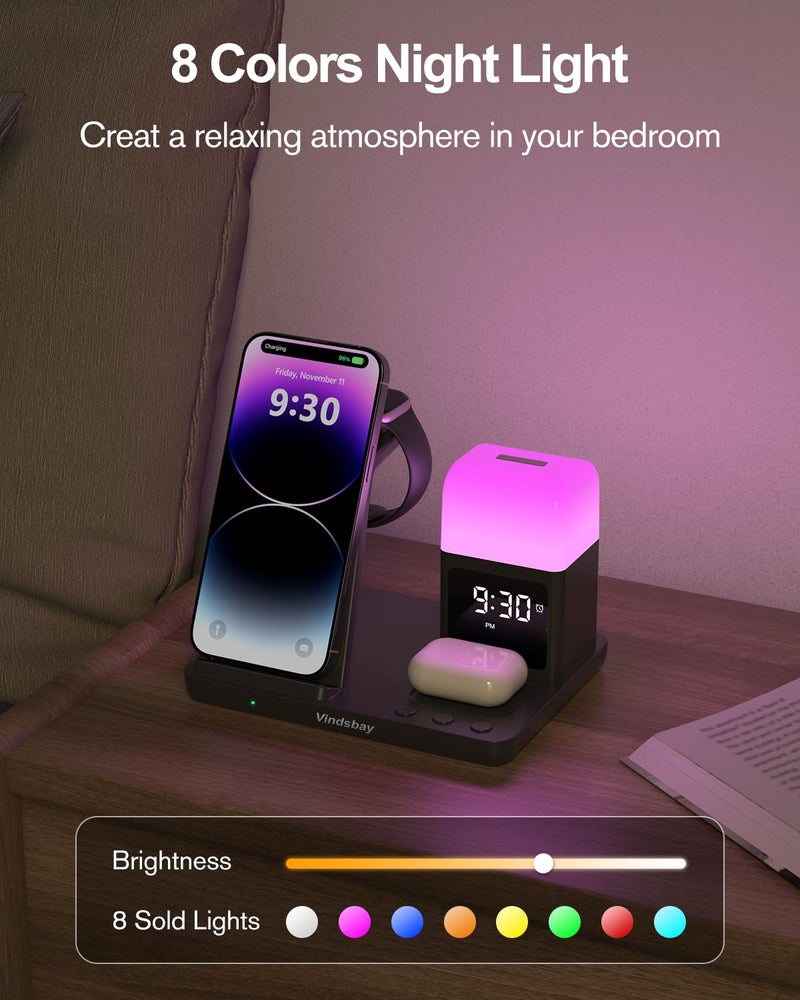 Vindsbay Wireless Charging Station Alarm Clock with 8 Touch Night Lights: 5 in 1 Charger Stand for Apple Devices - Charging Dock for iPhone 17 16 15 14 13 12 Pro Max Plus/Apple Watch/AirPods, Dimmable - Image 4