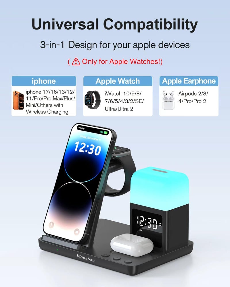 Vindsbay Wireless Charging Station Alarm Clock with 8 Touch Night Lights: 5 in 1 Charger Stand for Apple Devices - Charging Dock for iPhone 17 16 15 14 13 12 Pro Max Plus/Apple Watch/AirPods, Dimmable - Image 5