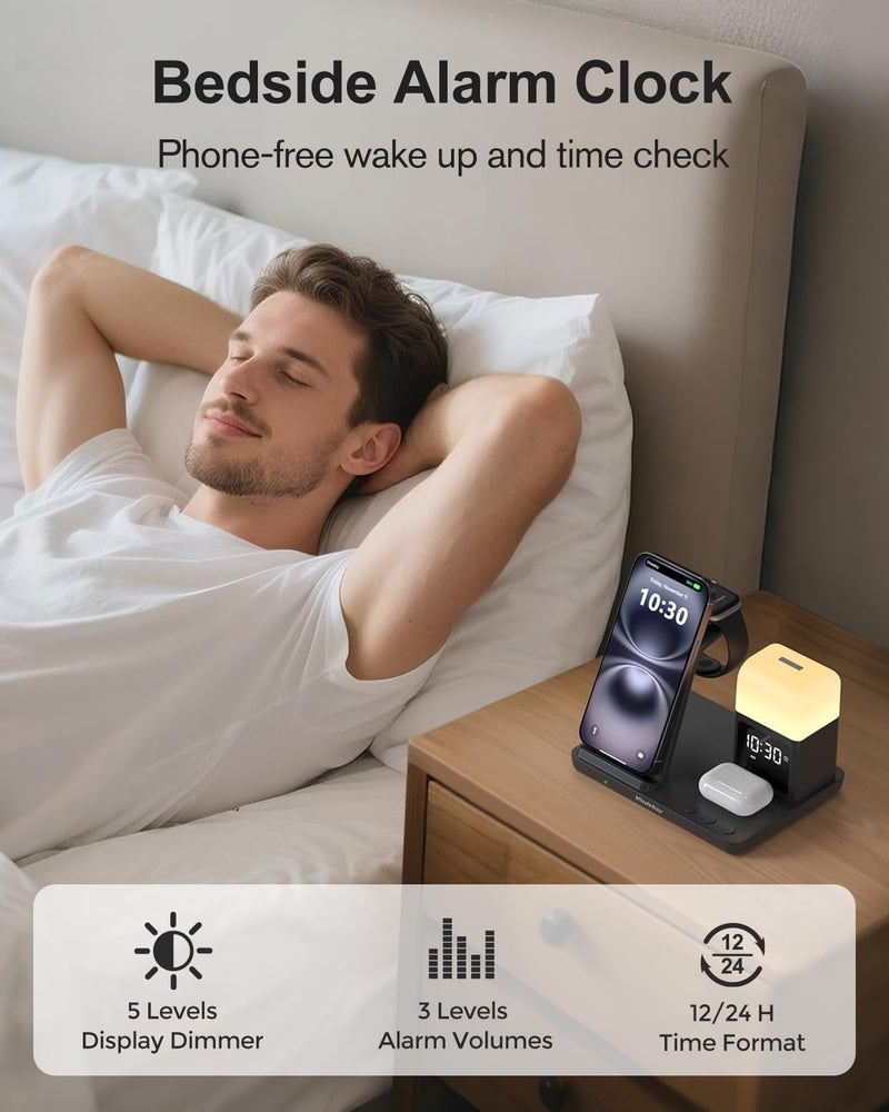 Vindsbay Wireless Charging Station Alarm Clock with 8 Touch Night Lights: 5 in 1 Charger Stand for Apple Devices - Charging Dock for iPhone 17 16 15 14 13 12 Pro Max Plus/Apple Watch/AirPods, Dimmable - Image 3