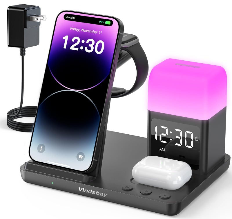 Vindsbay Wireless Charging Station Alarm Clock with 8 Touch Night Lights: 5 in 1 Charger Stand for Apple Devices - Charging Dock for iPhone 17 16 15 14 13 12 Pro Max Plus/Apple Watch/AirPods, Dimmable - Image 1