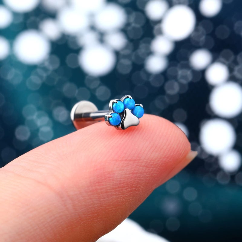Cocharm G23 Titanium Paw Print Helix Cartilage Stud Earrings 16g Flat Back, Blue Opal Forward Helix, Cartilage Piercing Jewelry 8mm Internally Threaded - Image 3
