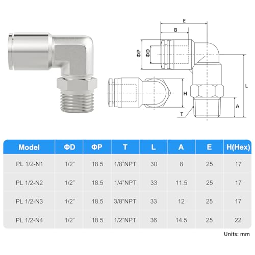 TAILONZ PNEUMATIC 304 Stainless Steel Male Elbow - 1/2 Inch Tube OD x 1/2 Inch NPT Thread 90 Push to Connect Tube Fitting PL-1/2-N4 (Pack of 5) - Image 2
