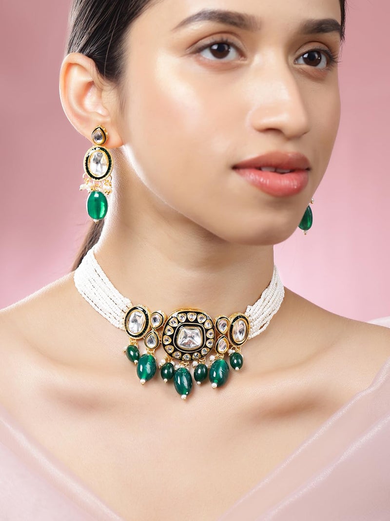 Rubans 22K Gold-Plated White Kundan & Emerald Green Beaded Pearl-Strands Jewellery Set for Women – for Festive, Wedding & Special Occasions - Image 3