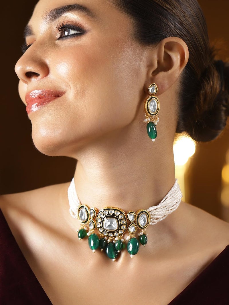 Rubans 22K Gold-Plated White Kundan & Emerald Green Beaded Pearl-Strands Jewellery Set for Women – for Festive, Wedding & Special Occasions - Image 2