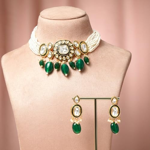 Rubans 22K Gold-Plated White Kundan & Emerald Green Beaded Pearl-Strands Jewellery Set for Women – for Festive, Wedding & Special Occasions - Image 4