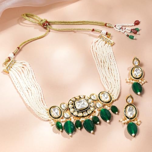 Rubans 22K Gold-Plated White Kundan & Emerald Green Beaded Pearl-Strands Jewellery Set for Women – for Festive, Wedding & Special Occasions - Image 5