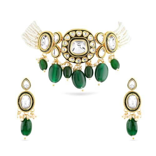 Rubans 22K Gold-Plated White Kundan & Emerald Green Beaded Pearl-Strands Jewellery Set for Women – for Festive, Wedding & Special Occasions - Image 1