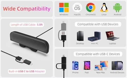 XKX Computer Speakers for Desktop PC, Monitor Speakers, USB Plug-in, Wired, External Speaker for Laptop, Small Computer Soundbar for PC, with Loud Sound, Deep Bass, USB-C Adapter, Easily Clamp to Monitor - Image 5