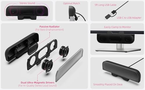 XKX Computer Speakers for Desktop PC, Monitor Speakers, USB Plug-in, Wired, External Speaker for Laptop, Small Computer Soundbar for PC, with Loud Sound, Deep Bass, USB-C Adapter, Easily Clamp to Monitor - Image 4